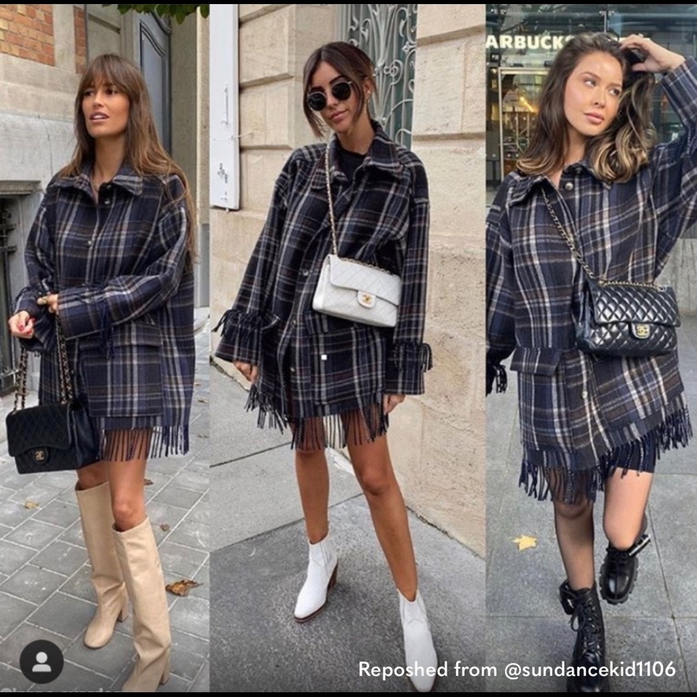 H&M fringe plaid wool jacket